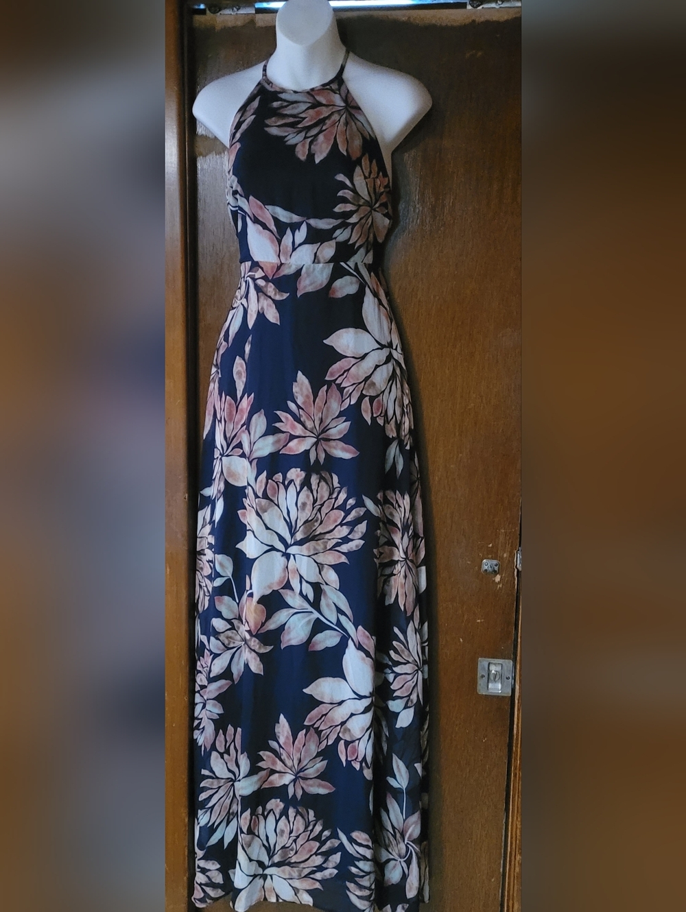 Lulu's Navy Maxi Dress with Blush Pink Floral Halter Design